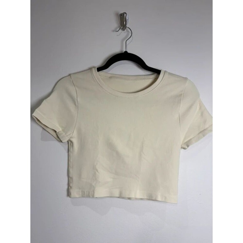 OQQ Cream Ribbed Short-Sleeve Crop Top Size M